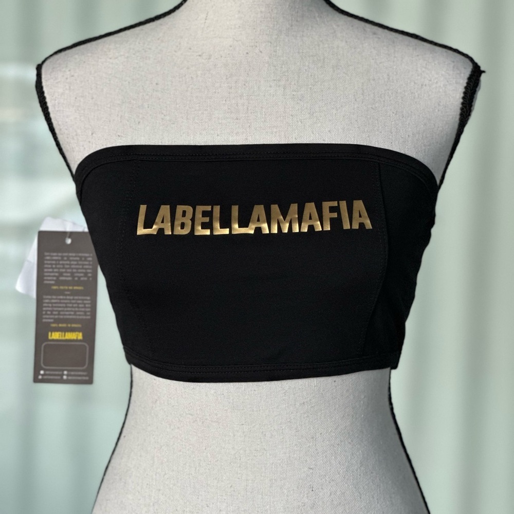 Labellamafia Black Tube Crop Top with Gold Accents